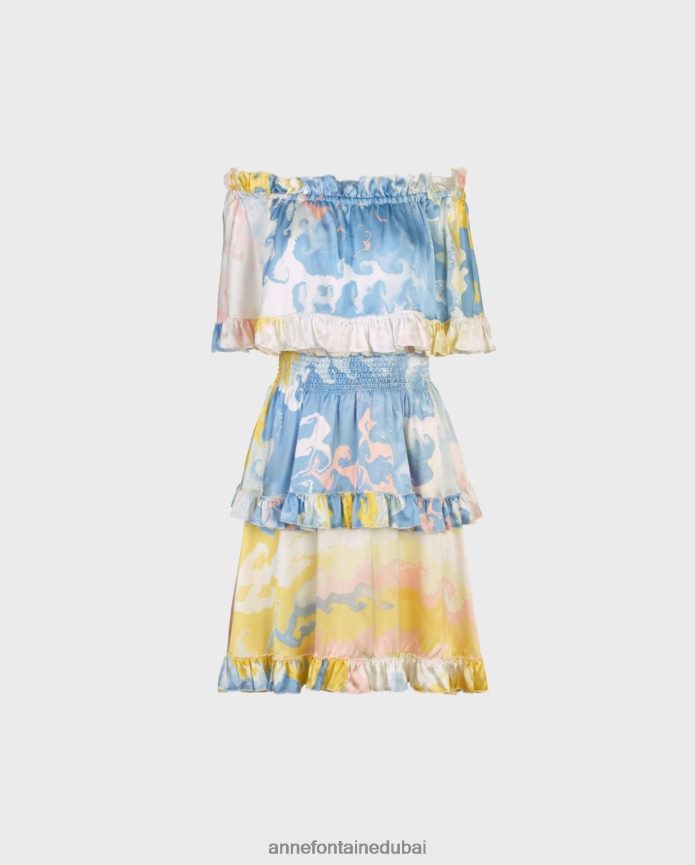 ملابس عبد اللطيف Anne Fontaine نحيف فستان من السيراميك، فستان حريري بطباعة ألوان مائية مع تفاصيل من طبقات مكشكشة أزرق T622DL68