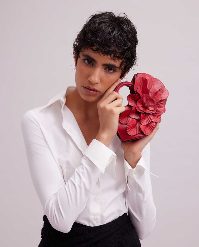 أكياس عبد اللطيف Anne Fontaine نحيف حقيبة يد سكارليت صغيرة من الجلد المميز حقيبة يد صغيرة مزهرة التانغو الأحمر T622DL687