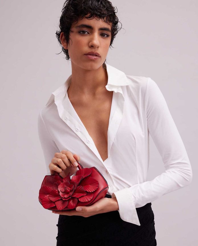 أكياس عبد اللطيف Anne Fontaine نحيف حقيبة يد سكارليت صغيرة من الجلد المميز حقيبة يد صغيرة مزهرة التانغو الأحمر T622DL687