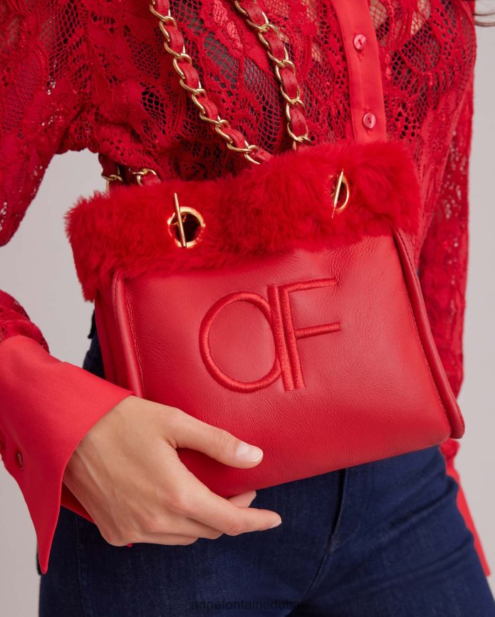 أكياس عبد اللطيف Anne Fontaine نحيف حقيبة كتف من الجلد من فيليكس مع زخرفة من الفرو وأشرطة سلسلة التانغو الأحمر T622DL707