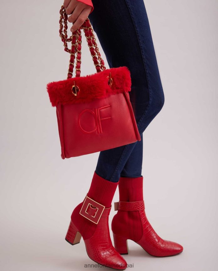 أكياس عبد اللطيف Anne Fontaine نحيف حقيبة كتف من الجلد من فيليكس مع زخرفة من الفرو وأشرطة سلسلة التانغو الأحمر T622DL707