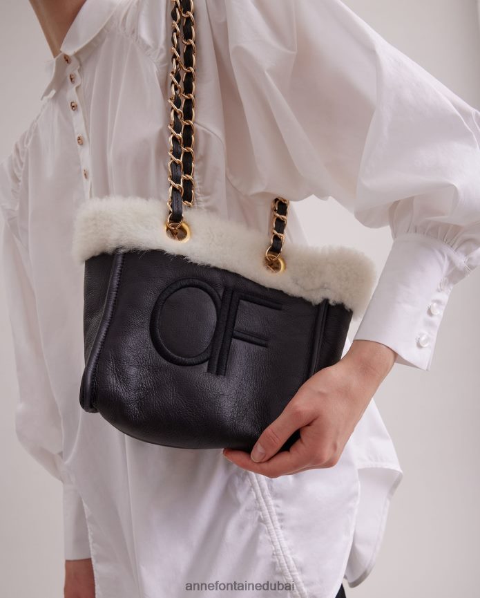أكياس عبد اللطيف Anne Fontaine نحيف حقيبة كتف من الجلد من فيليكس مع زخرفة من الفرو وأشرطة سلسلة أسود T622DL708