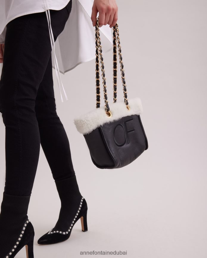أكياس عبد اللطيف Anne Fontaine نحيف حقيبة كتف من الجلد من فيليكس مع زخرفة من الفرو وأشرطة سلسلة أسود T622DL708