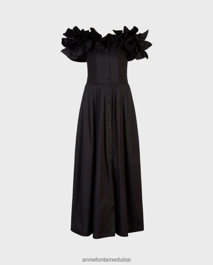 ملابس عبد اللطيف Anne Fontaine نحيف فستان أويهانا فستان طويل بتفاصيل كشكش أسود T622DL71