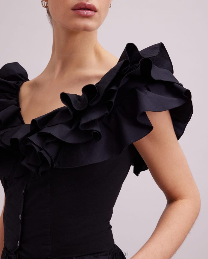 ملابس عبد اللطيف Anne Fontaine نحيف فستان أويهانا فستان طويل بتفاصيل كشكش أسود T622DL71