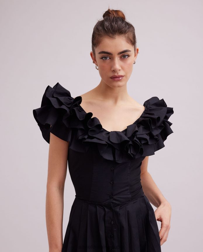 ملابس عبد اللطيف Anne Fontaine نحيف فستان أويهانا فستان طويل بتفاصيل كشكش أسود T622DL71