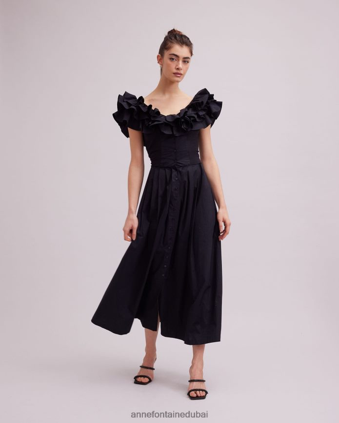 ملابس عبد اللطيف Anne Fontaine نحيف فستان أويهانا فستان طويل بتفاصيل كشكش أسود T622DL71