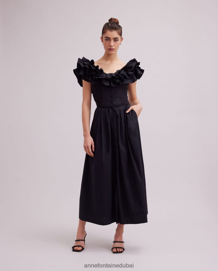 ملابس عبد اللطيف Anne Fontaine نحيف فستان أويهانا فستان طويل بتفاصيل كشكش أسود T622DL71