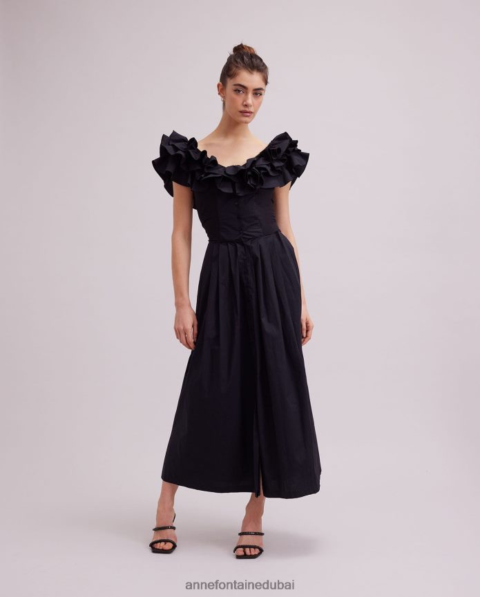 ملابس عبد اللطيف Anne Fontaine نحيف فستان أويهانا فستان طويل بتفاصيل كشكش أسود T622DL71