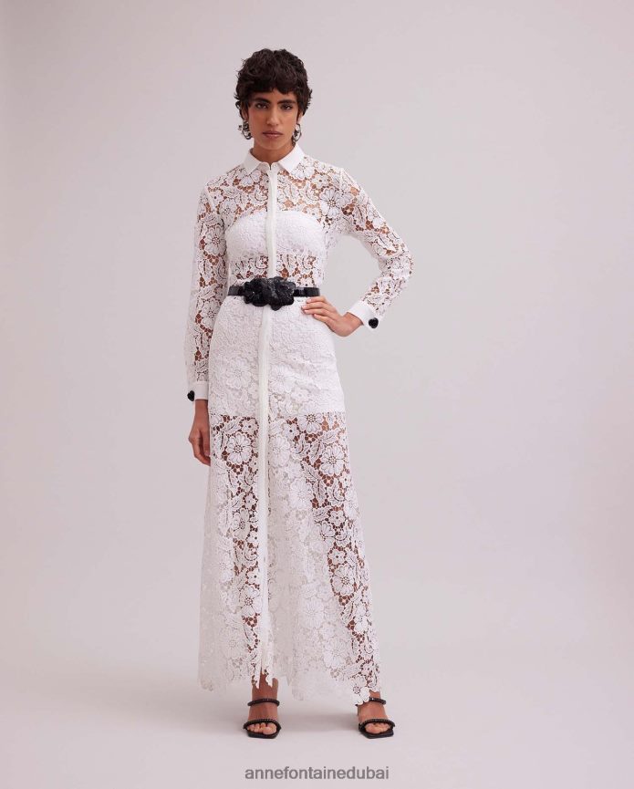 ملابس عبد اللطيف Anne Fontaine نحيف فستان فيوليتا، فستان طويل من الدانتيل الزهري شبه الشفاف أبيض T622DL72