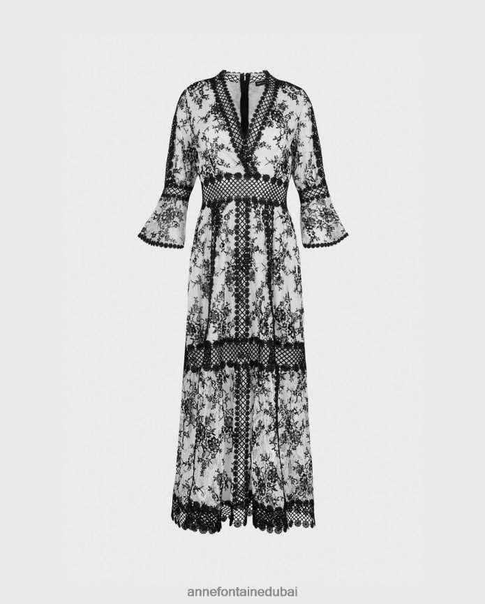 ملابس عبد اللطيف Anne Fontaine نحيف فستان أموديو طويل من الدانتيل مع أكمام مكشكشة وزخارف شبكية أسود/أبيض T622DL80