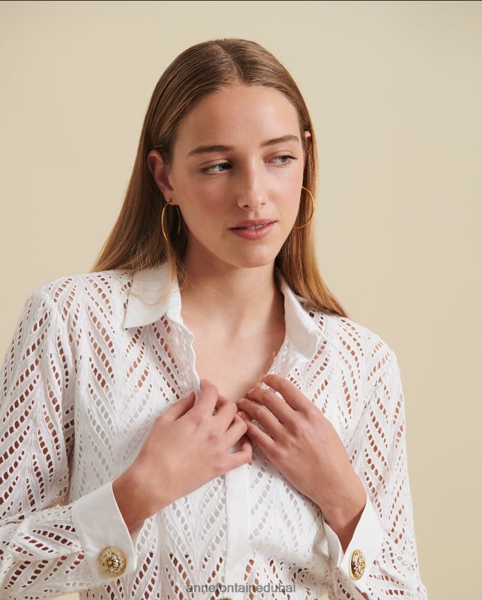 ملابس عبد اللطيف Anne Fontaine نحيف فستان غاسكوني فستان قميص طويل الأكمام مطرز أبيض T622DL82