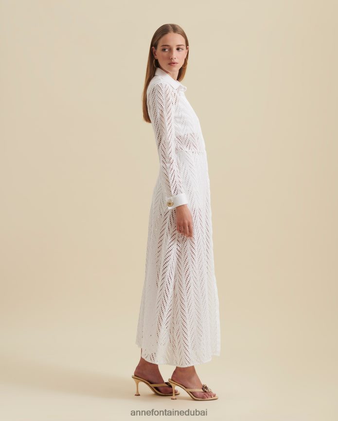 ملابس عبد اللطيف Anne Fontaine نحيف فستان غاسكوني فستان قميص طويل الأكمام مطرز أبيض T622DL82