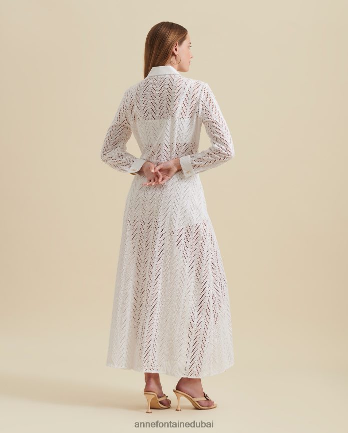 ملابس عبد اللطيف Anne Fontaine نحيف فستان غاسكوني فستان قميص طويل الأكمام مطرز أبيض T622DL82