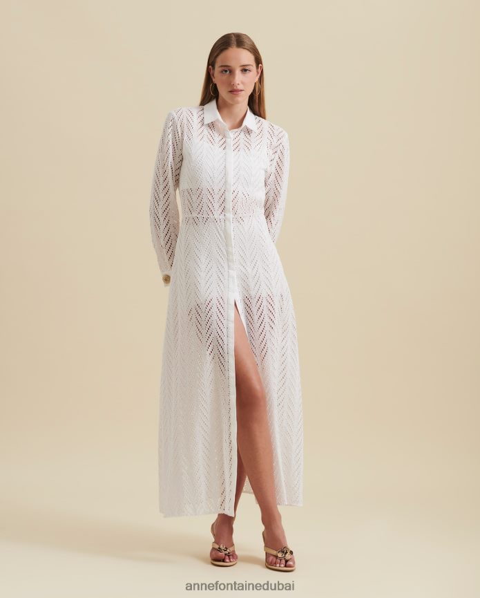 ملابس عبد اللطيف Anne Fontaine نحيف فستان غاسكوني فستان قميص طويل الأكمام مطرز أبيض T622DL82