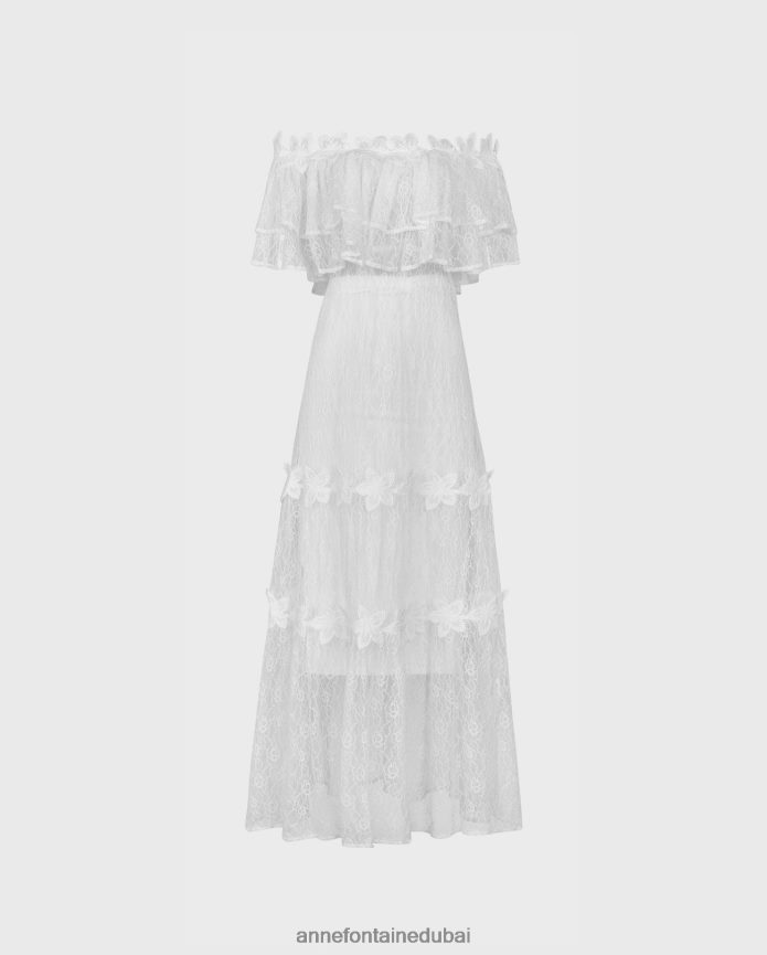 ملابس عبد اللطيف Anne Fontaine نحيف فستان ألوها فستان دانتيل ماكسي مكشوف الكتفين مع تفاصيل زهرة الدانتيل أبيض T622DL83