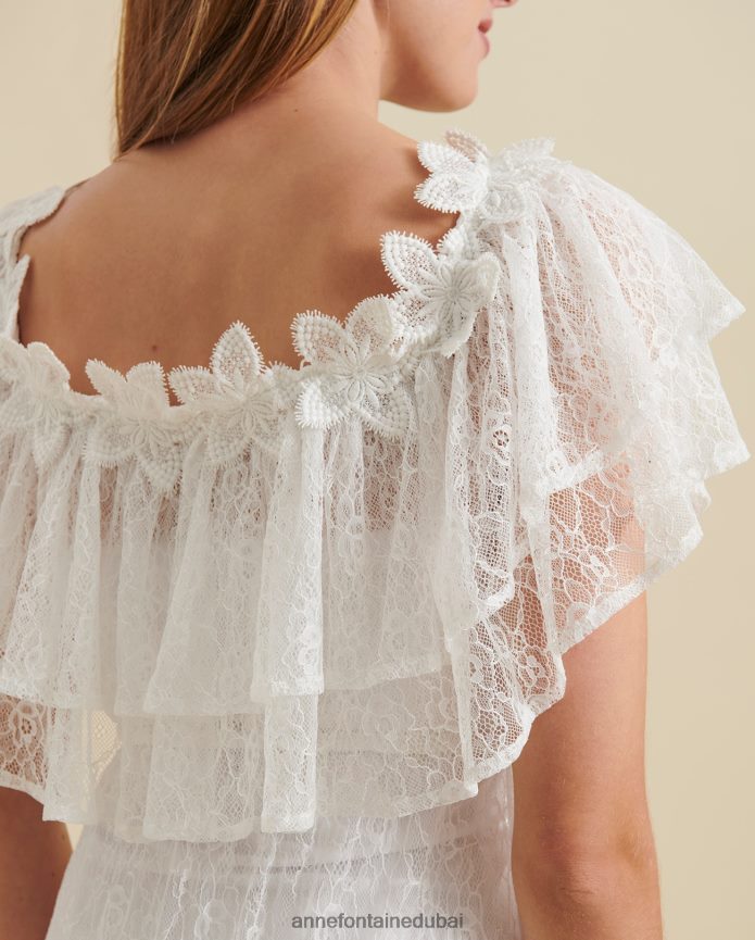 ملابس عبد اللطيف Anne Fontaine نحيف فستان ألوها فستان دانتيل ماكسي مكشوف الكتفين مع تفاصيل زهرة الدانتيل أبيض T622DL83