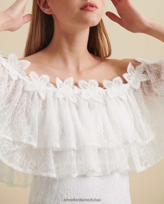 ملابس عبد اللطيف Anne Fontaine نحيف فستان ألوها فستان دانتيل ماكسي مكشوف الكتفين مع تفاصيل زهرة الدانتيل أبيض T622DL83