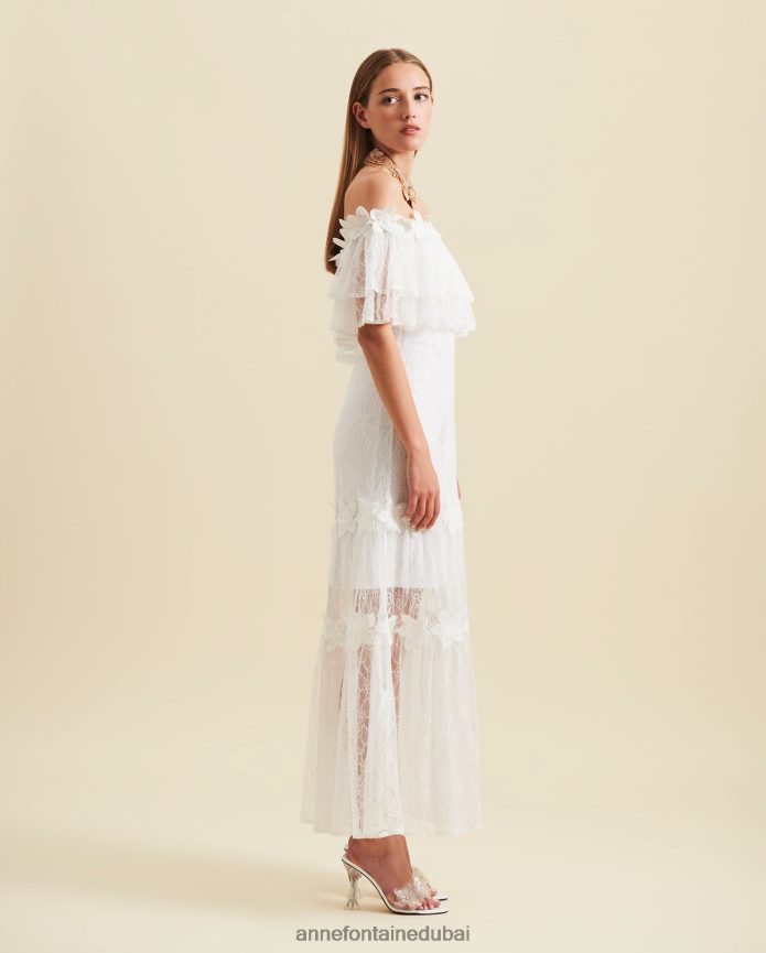 ملابس عبد اللطيف Anne Fontaine نحيف فستان ألوها فستان دانتيل ماكسي مكشوف الكتفين مع تفاصيل زهرة الدانتيل أبيض T622DL83