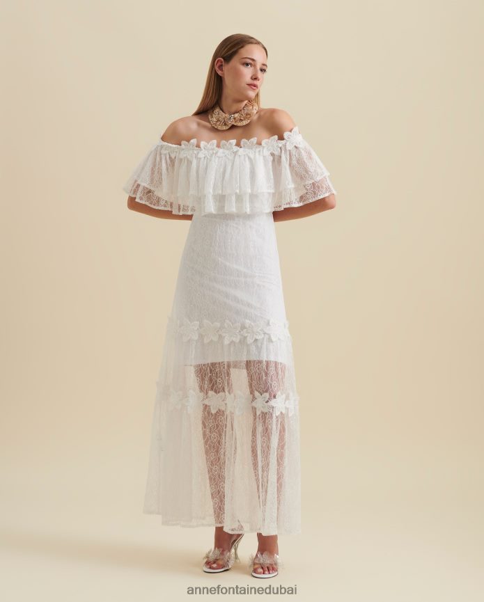 ملابس عبد اللطيف Anne Fontaine نحيف فستان ألوها فستان دانتيل ماكسي مكشوف الكتفين مع تفاصيل زهرة الدانتيل أبيض T622DL83