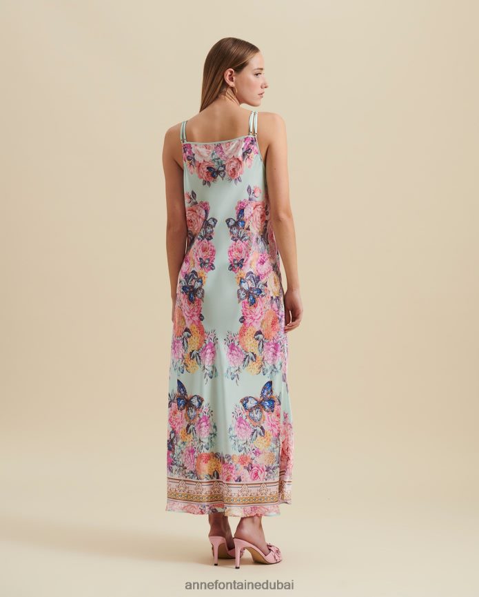 ملابس عبد اللطيف Anne Fontaine نحيف فستان هايتزا فستان حريري بحزام سباغيتي مع تصميم مطبوع على شكل فراشة وزهور أزرق T622DL84