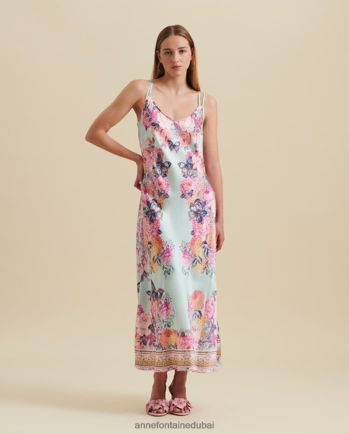 ملابس عبد اللطيف Anne Fontaine نحيف فستان هايتزا فستان حريري بحزام سباغيتي مع تصميم مطبوع على شكل فراشة وزهور أزرق T622DL84