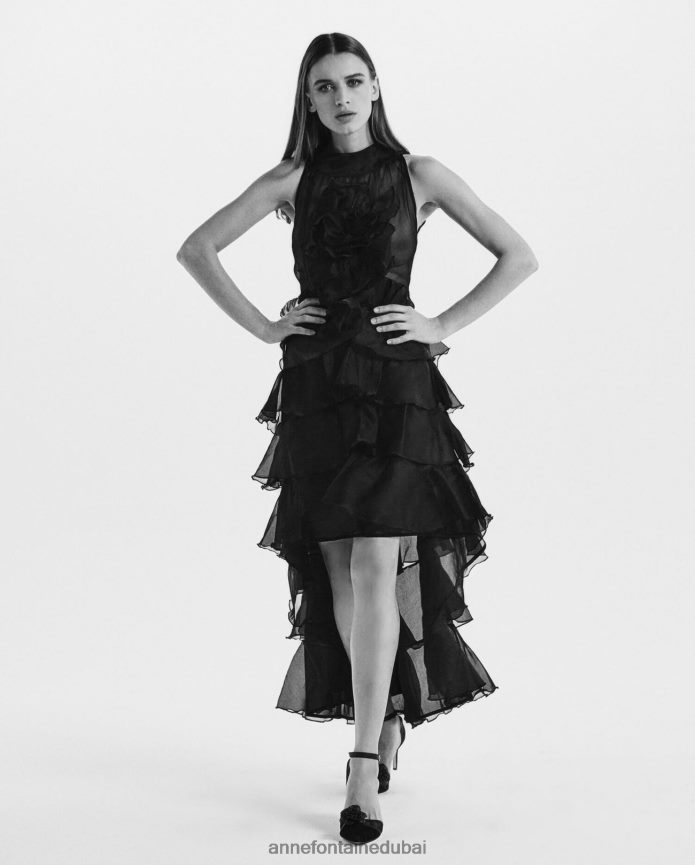 ملابس عبد اللطيف Anne Fontaine نحيف فستان شيريل طويل من الأورجانزا الحريري ذو الكشكشة أسود T622DL90