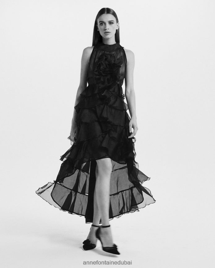 ملابس عبد اللطيف Anne Fontaine نحيف فستان شيريل طويل من الأورجانزا الحريري ذو الكشكشة أسود T622DL90