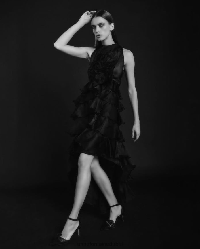 ملابس عبد اللطيف Anne Fontaine نحيف فستان شيريل طويل من الأورجانزا الحريري ذو الكشكشة أسود T622DL90