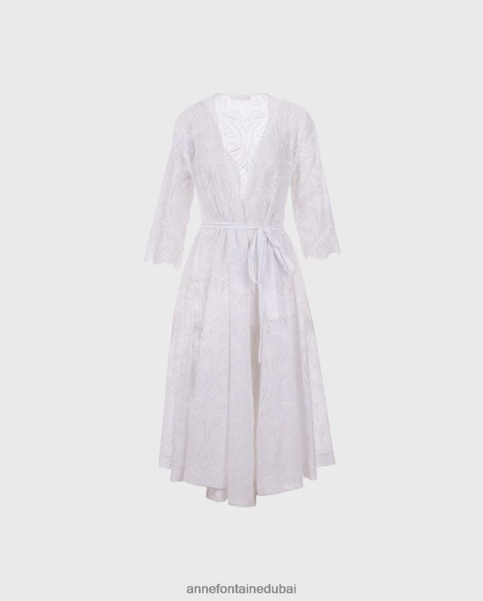 ملابس عبد اللطيف Anne Fontaine نحيف فستان فيتيا متوسط ​​الطول، فستان مطرز بفتحات أبيض T622DL94