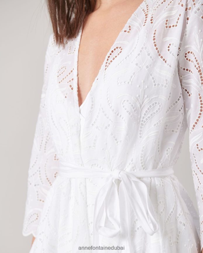 ملابس عبد اللطيف Anne Fontaine نحيف فستان فيتيا متوسط ​​الطول، فستان مطرز بفتحات أبيض T622DL94