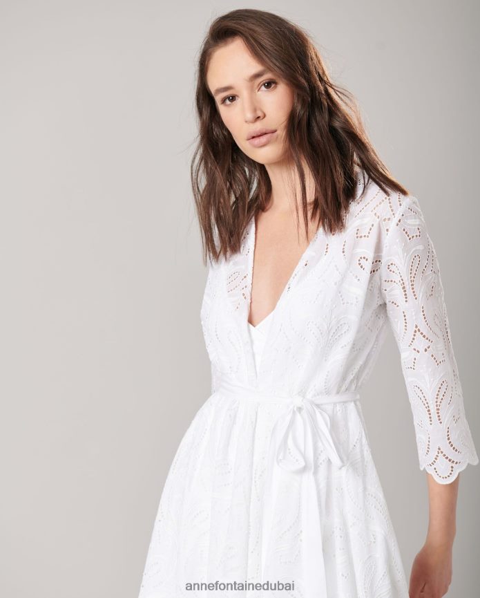 ملابس عبد اللطيف Anne Fontaine نحيف فستان فيتيا متوسط ​​الطول، فستان مطرز بفتحات أبيض T622DL94