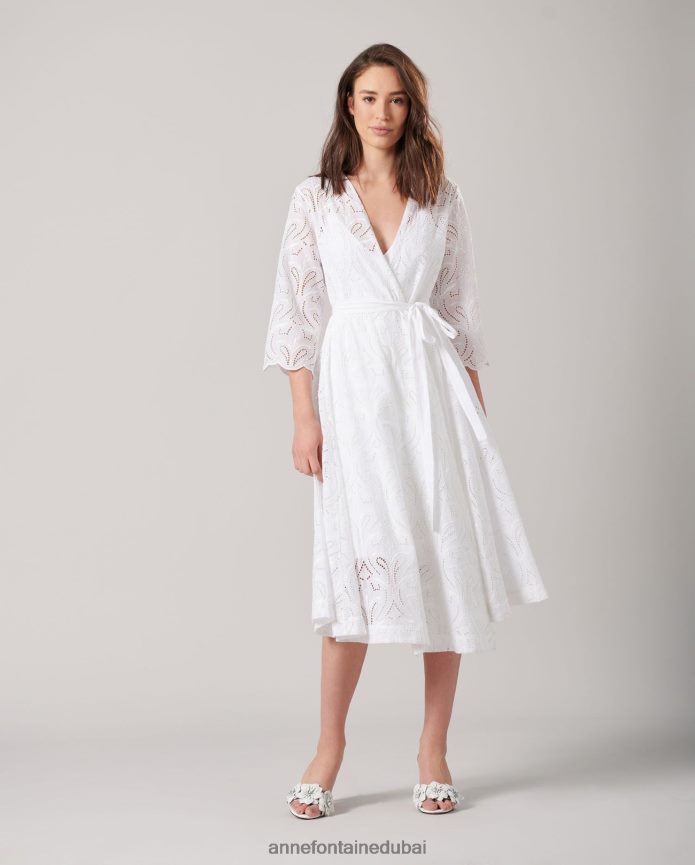 ملابس عبد اللطيف Anne Fontaine نحيف فستان فيتيا متوسط ​​الطول، فستان مطرز بفتحات أبيض T622DL94