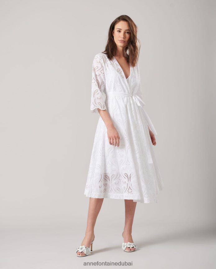 ملابس عبد اللطيف Anne Fontaine نحيف فستان فيتيا متوسط ​​الطول، فستان مطرز بفتحات أبيض T622DL94