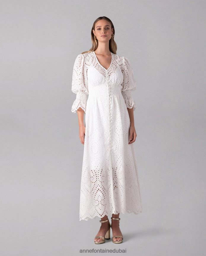 ملابس عبد اللطيف Anne Fontaine نحيف فستان كاراكاس، فستان ماكسي مطرز غير مبطن أبيض T622DL96