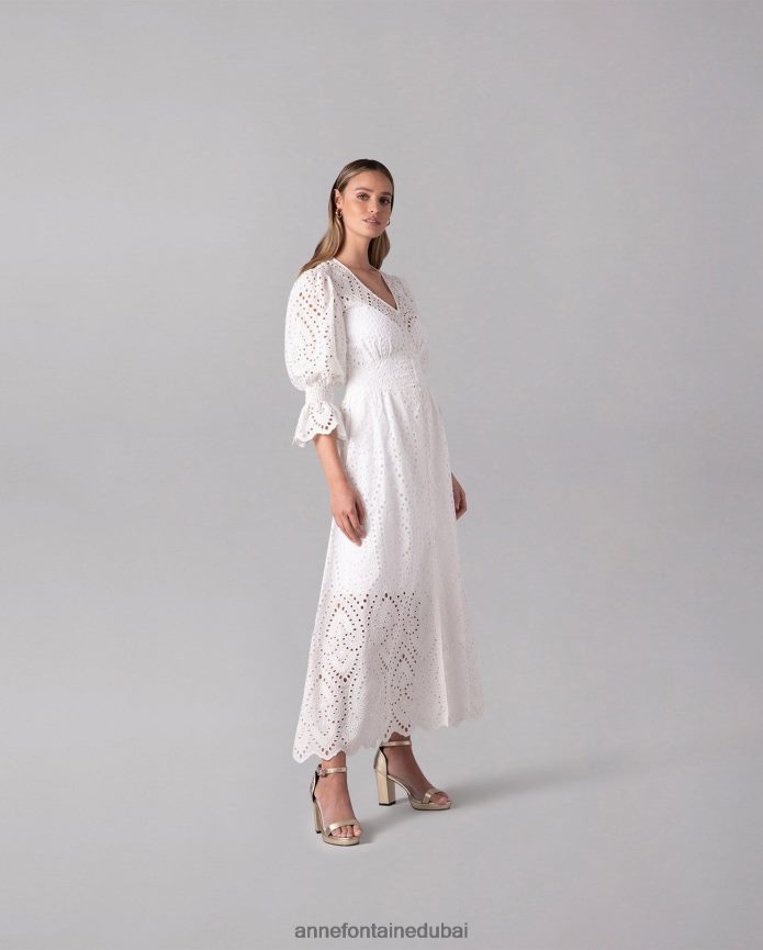 ملابس عبد اللطيف Anne Fontaine نحيف فستان كاراكاس، فستان ماكسي مطرز غير مبطن أبيض T622DL96