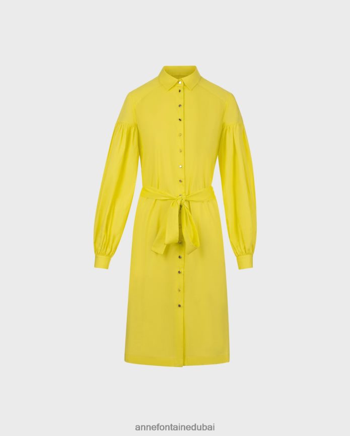 ملابس عبد اللطيف Anne Fontaine نحيف فستان كلاوس بلون الليمون ميدي بوبلين فستان قميص طويل الأكمام أصفر T622DL97