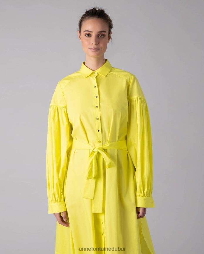 ملابس عبد اللطيف Anne Fontaine نحيف فستان كلاوس بلون الليمون ميدي بوبلين فستان قميص طويل الأكمام أصفر T622DL97