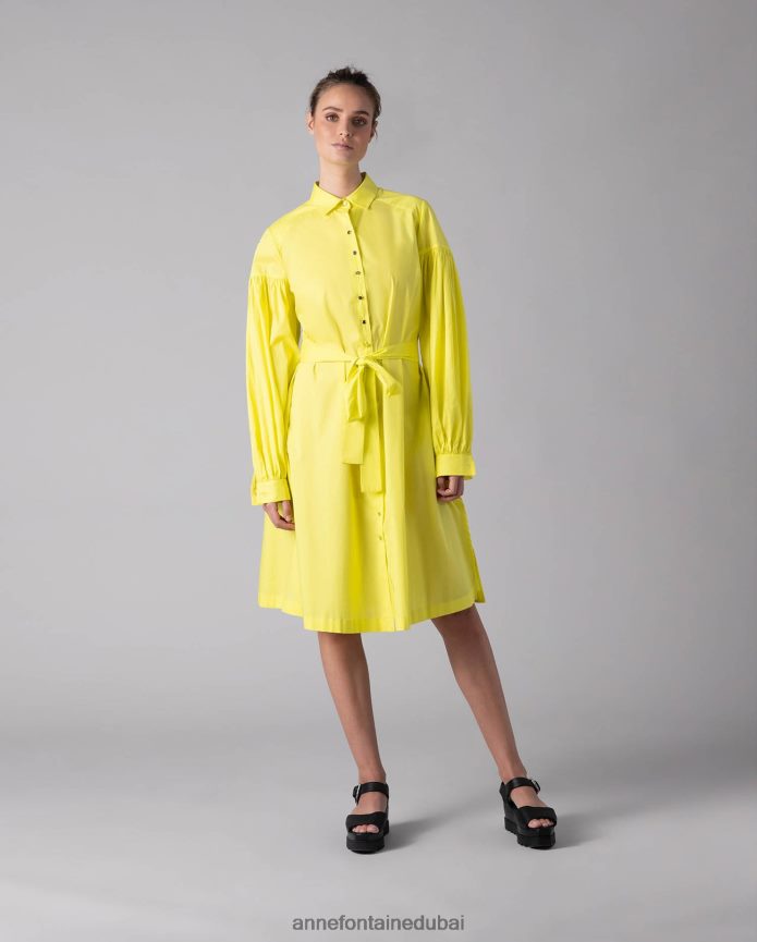 ملابس عبد اللطيف Anne Fontaine نحيف فستان كلاوس بلون الليمون ميدي بوبلين فستان قميص طويل الأكمام أصفر T622DL97