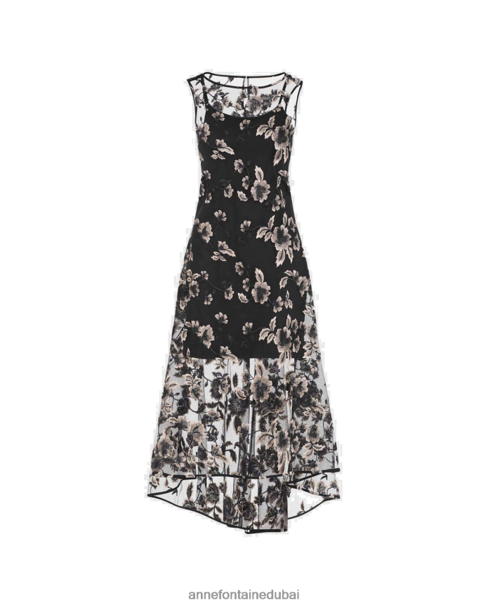 ملابس عبد اللطيف Anne Fontaine نحيف فستان صوفيا فستان تول بأكمام قصيرة مع زهور مطرزة أسود T622DL98