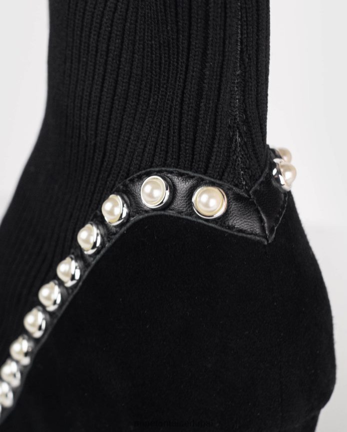 أحذية عبد اللطيف Anne Fontaine نحيف حذاء ريم بوت من جلد الغزال للكاحل مبطن باللؤلؤ أسود T622DL9