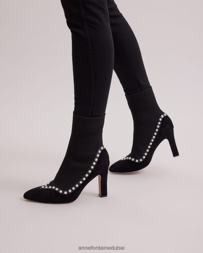 أحذية عبد اللطيف Anne Fontaine نحيف حذاء ريم بوت من جلد الغزال للكاحل مبطن باللؤلؤ أسود T622DL9