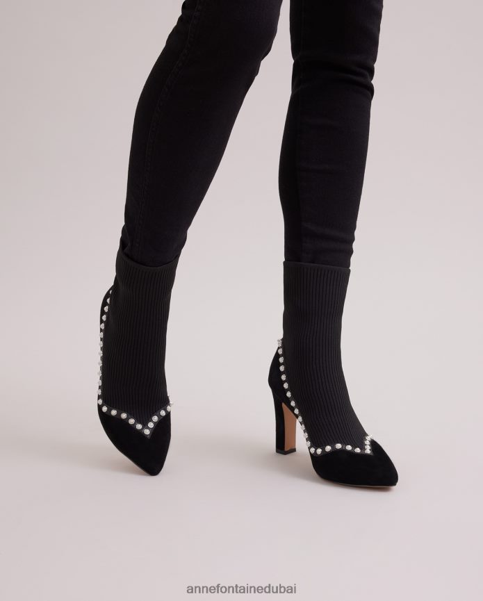أحذية عبد اللطيف Anne Fontaine نحيف حذاء ريم بوت من جلد الغزال للكاحل مبطن باللؤلؤ أسود T622DL9