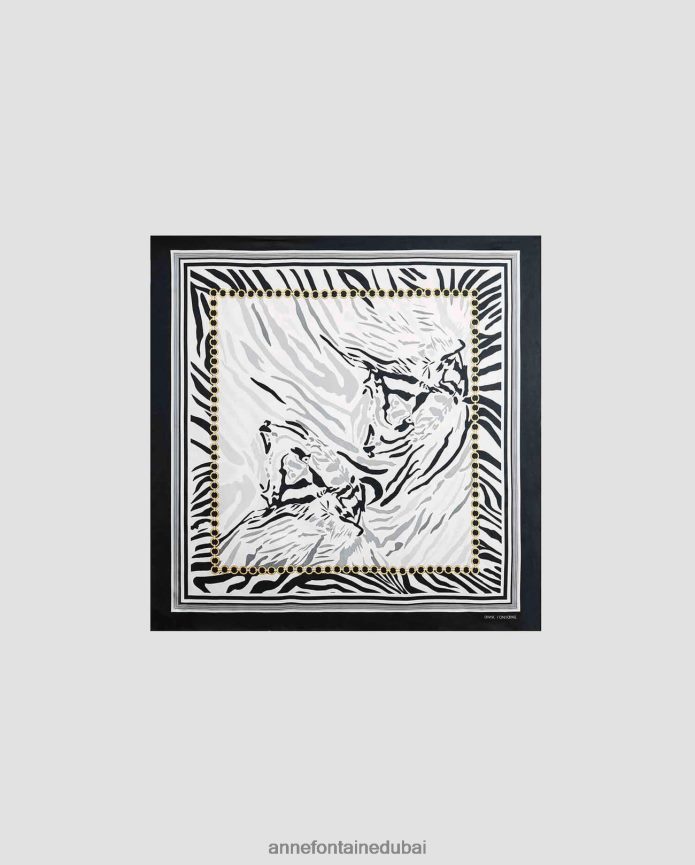 مُكَمِّلات عبد اللطيف Anne Fontaine نحيف وشاح من الحرير بطبعة الحمار الوحشي من Terene أسود/أبيض T622DL611