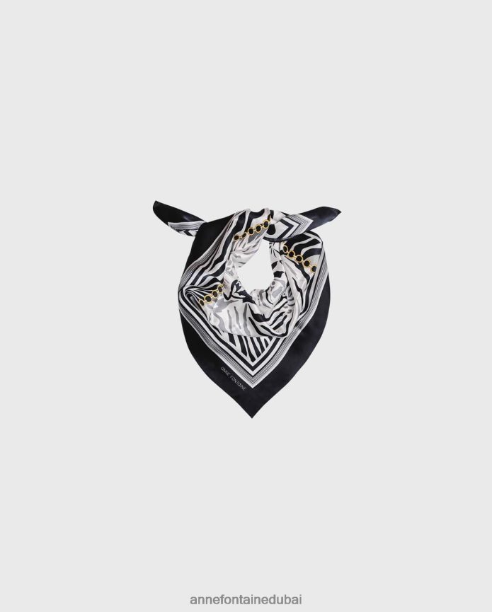 مُكَمِّلات عبد اللطيف Anne Fontaine نحيف وشاح من الحرير بطبعة الحمار الوحشي من Terene أسود/أبيض T622DL611