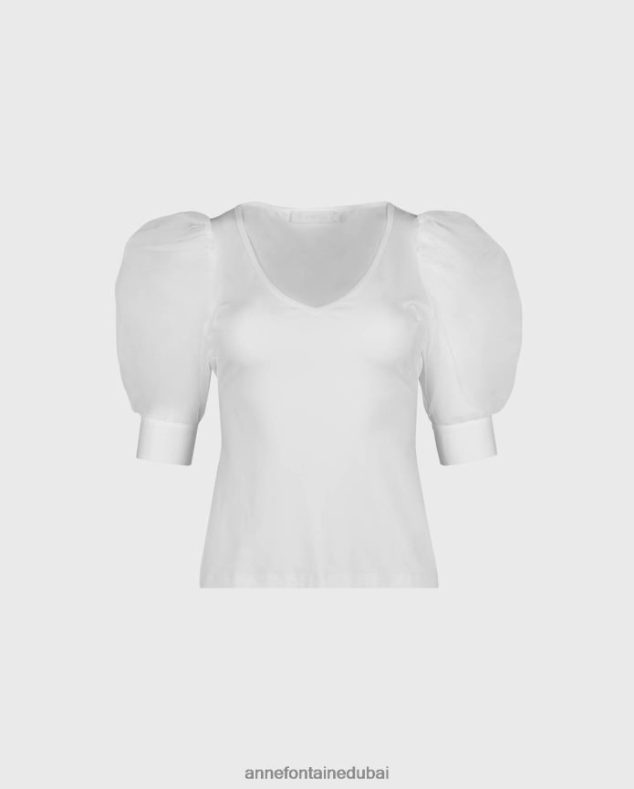 ملابس عبد اللطيف Anne Fontaine نحيف جزء علوي هوائي برقبة على شكل حرف V وأكمام شبكية شفافة أبيض T622DL248