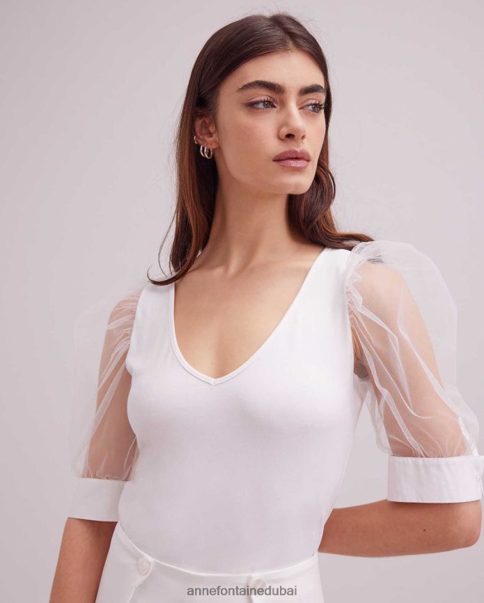 ملابس عبد اللطيف Anne Fontaine نحيف جزء علوي هوائي برقبة على شكل حرف V وأكمام شبكية شفافة أبيض T622DL248