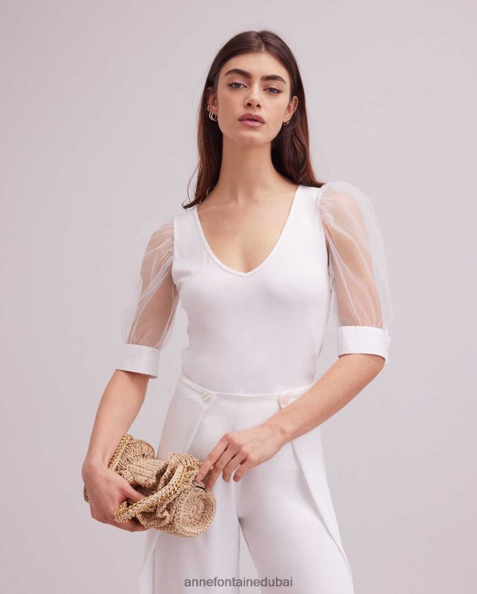 ملابس عبد اللطيف Anne Fontaine نحيف جزء علوي هوائي برقبة على شكل حرف V وأكمام شبكية شفافة أبيض T622DL248