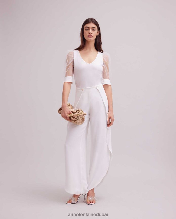 ملابس عبد اللطيف Anne Fontaine نحيف جزء علوي هوائي برقبة على شكل حرف V وأكمام شبكية شفافة أبيض T622DL248