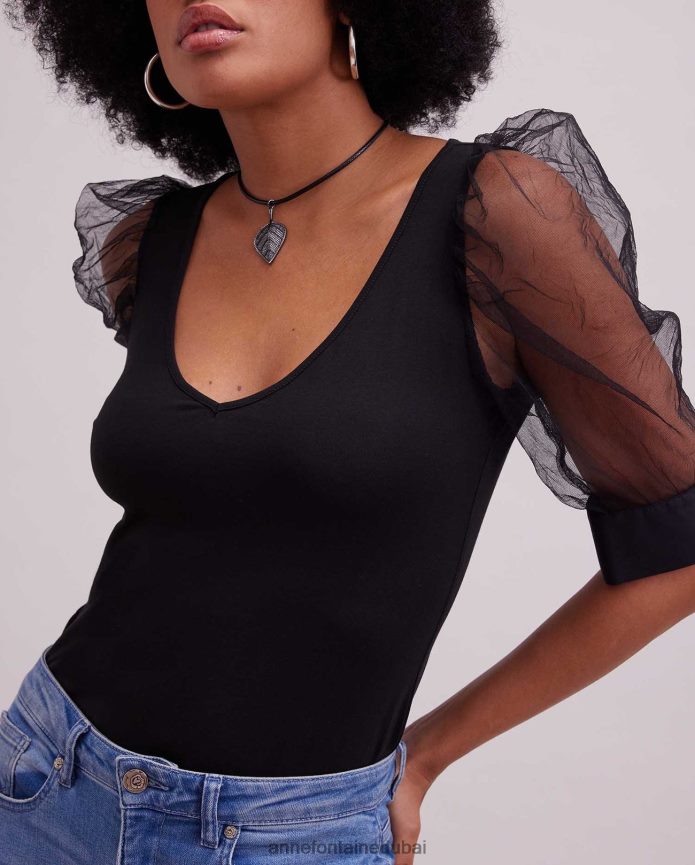 ملابس عبد اللطيف Anne Fontaine نحيف جزء علوي هوائي على شكل حرف V مع أكمام شبكية شفافة أسود T622DL250